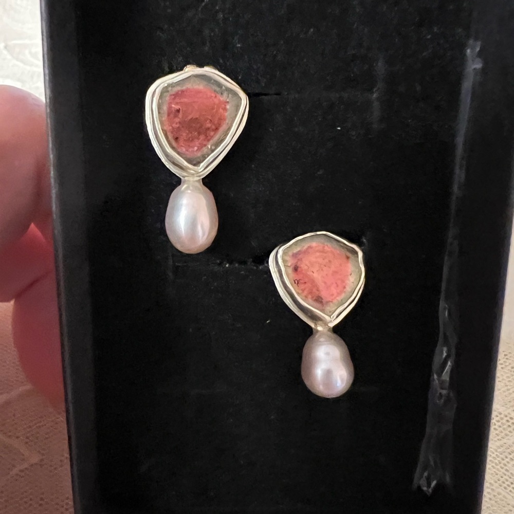 Rare Genuine Watermelon stone with genuine pearl earrings